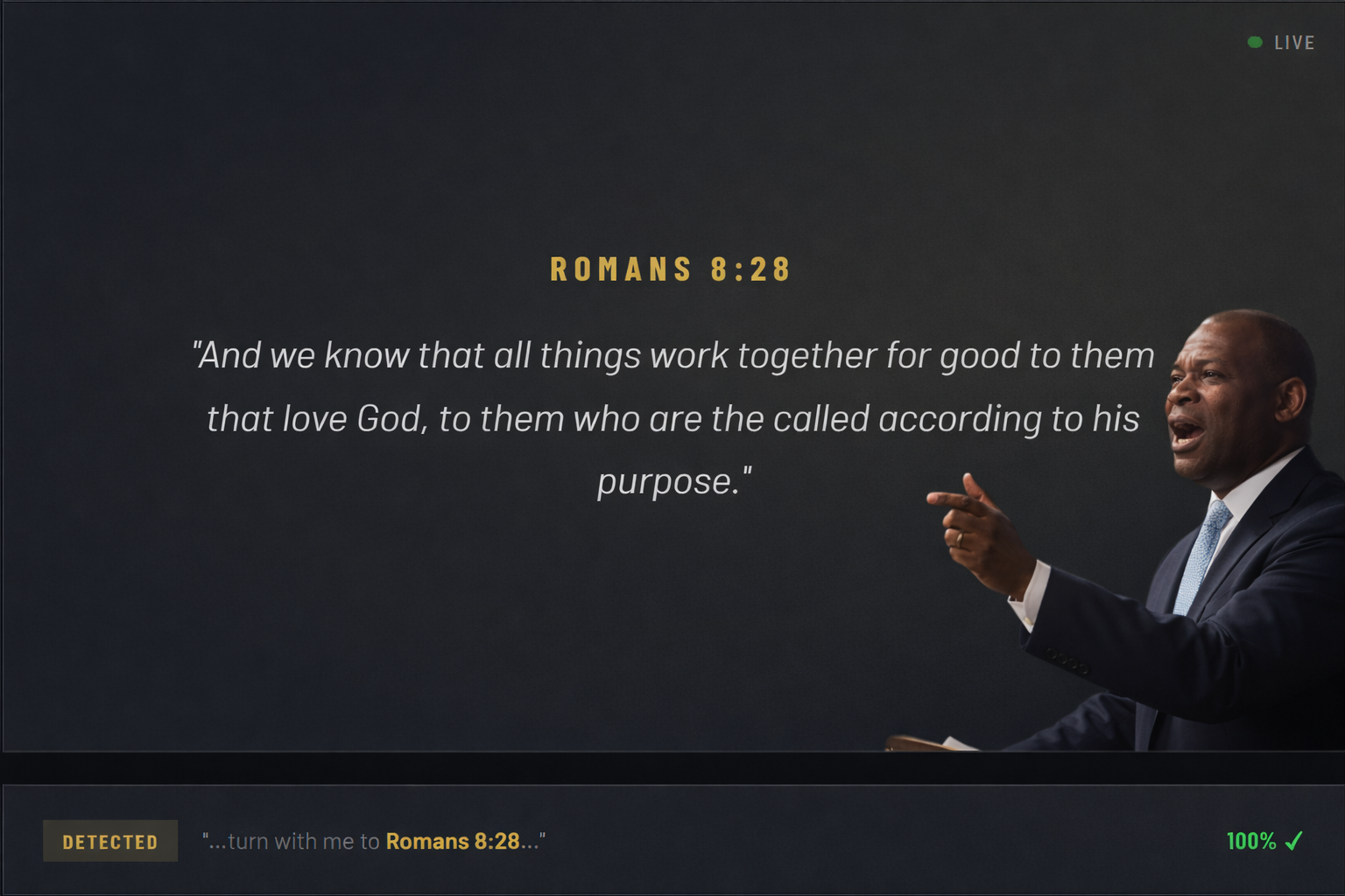 ScriptureCue app showing Romans 8:28 scripture verse